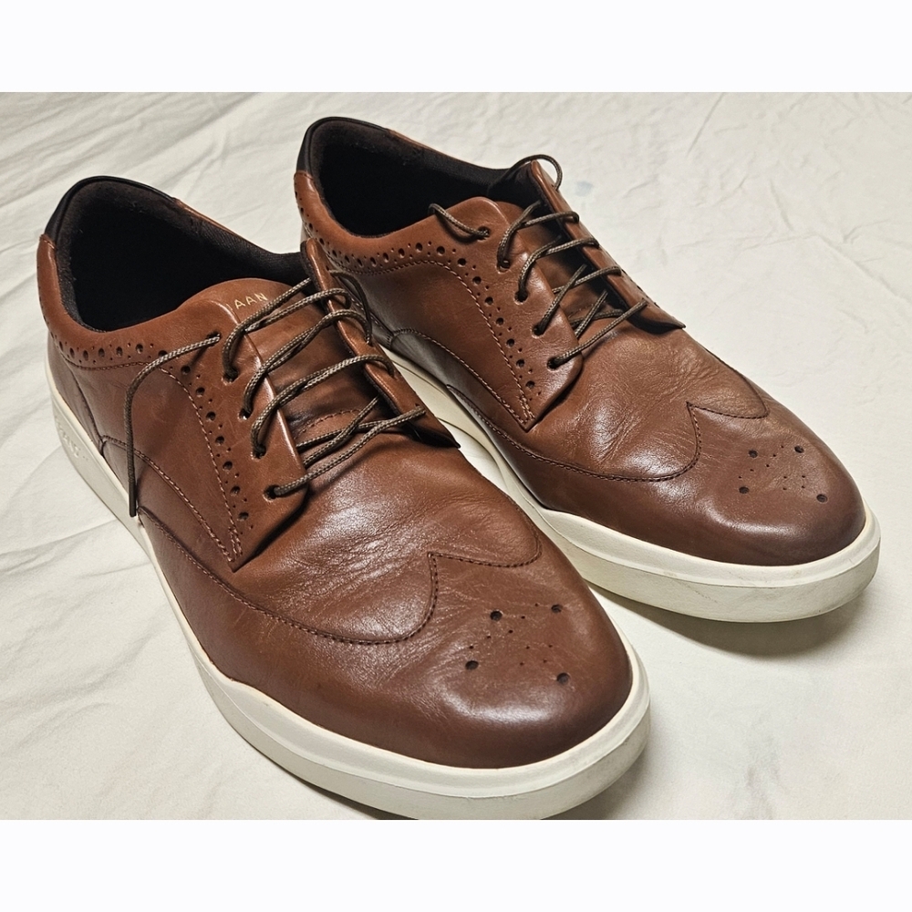 Cole Haan Brown Leather Wingtip Slip-On Sneakers with White Sole - Picture 2 of 6